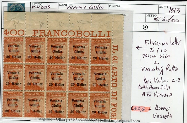 1919 Venezia Giulia Block Di 15 20h Su 20c Soprastampato With Variety MNH IT-V00