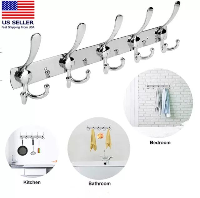 15-Hook Stainless Steel Wall Mount Hanger - Coat, Robe, Hat, Towel Rack