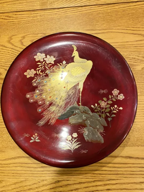 Circa 1940  13” Japanese Maruni Co. Lacquerware Tray With Inlaid Peacock Design