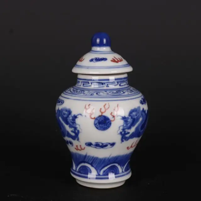 Chinese Blue and White Porcelain Qing Qianlong Red Dragon Pot Tea Caddy 3.9 inch