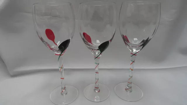 Set of 3 PIER 1 Wine Glasses Holiday Red & Green Drop Ribbon Swirl Stem Optic