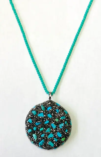 HSN JK NY Nugget Circle Drop Turquoise Beaded Pendant Necklace 33"