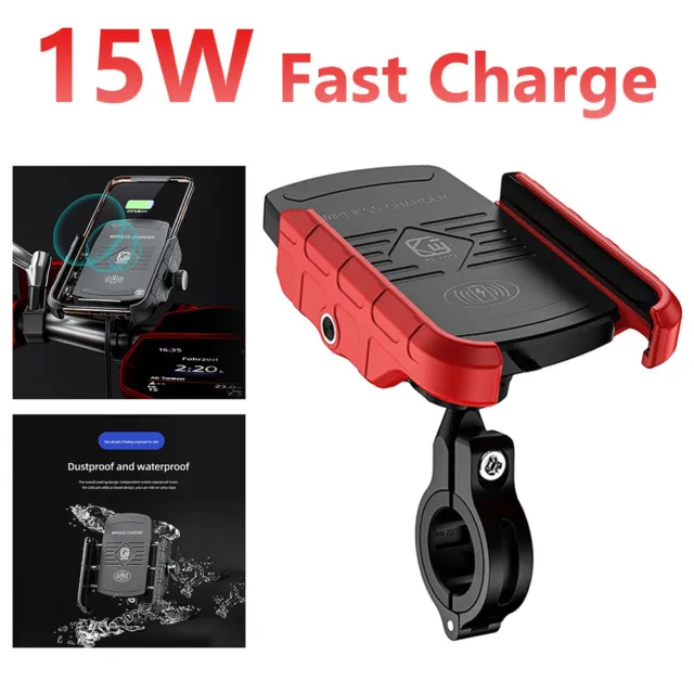 Motorcycle Phone Holder Mount Wireless USB Charger 15W Quick Charging RED
