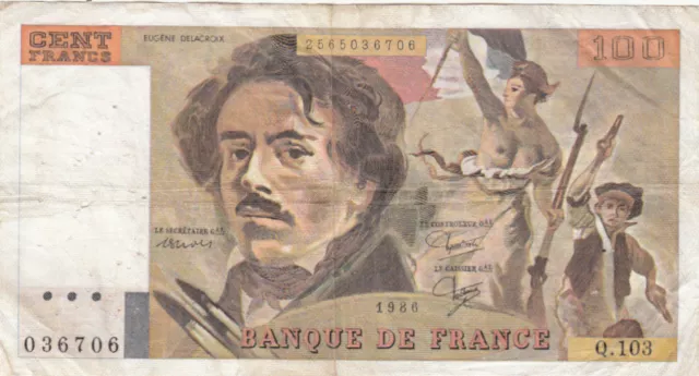 Billet banque 100 Frs DELACROIX 1986 Q.103 état voir scan