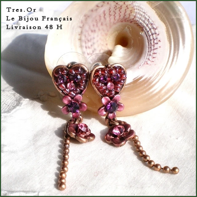 Boucles D'oreilles Pendantes Neuves - Cristaux Rose Cœur Fleur Sur Métal Cuivré - Avec étiquettes