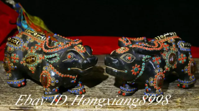 8.2" Old Tibet TianTie Iron Meteorite  Filigree Gem Dzi Cattle Bull Statue Pair