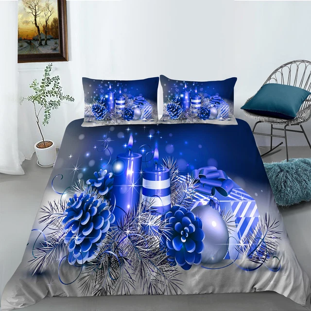 Blaue Frohe Weihnachten Bettwäsche,Weihnachtskerzen, Geschenk Gedruckt Bettbezug
