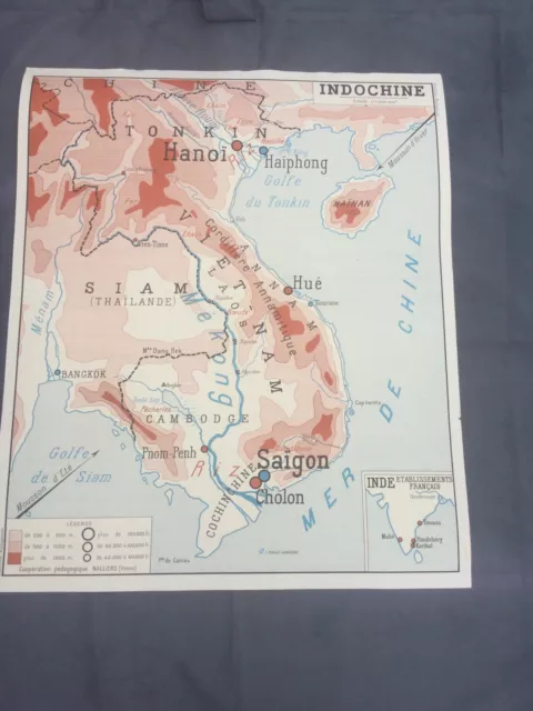 1950s 60s French school maps by Rossignol Vienne “ Indo Chine Algerie  “ 2 Sides