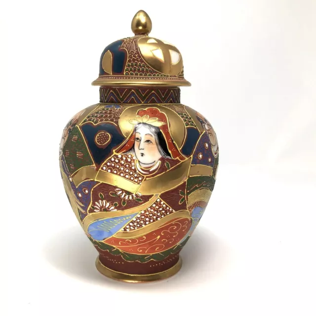 Japan KUTANI Raised Enamel Lidded Vase Arhats GuanYin Beading Ginger Jar Urn EUC