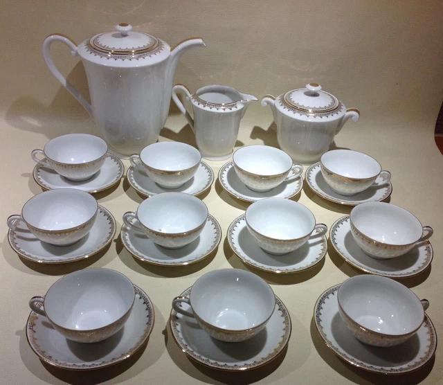 RARE Service à Café 25pcs (11 pers) Porcelaine fine de Limoges LPN blanc et doré