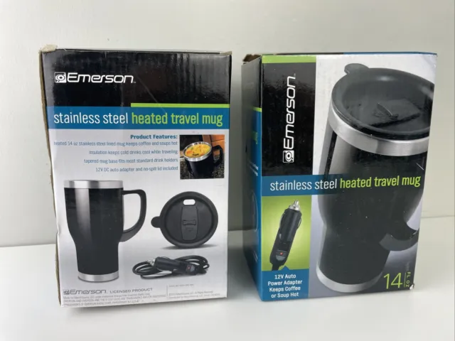 Lot of TWO Emerson Stainless Steel Heated Travel Mug 12V Auto Power Coffee Soup