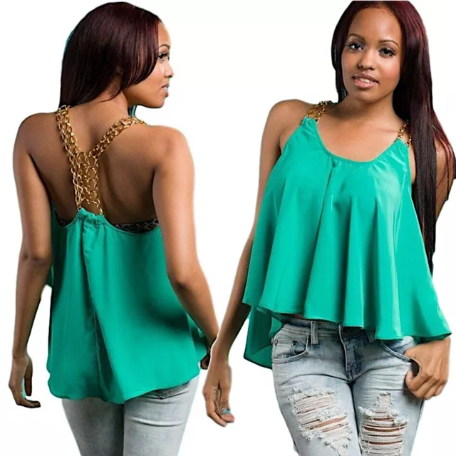 Top Ruota svasato donna maglietta verde smeraldo catena oro elegante nuovo
