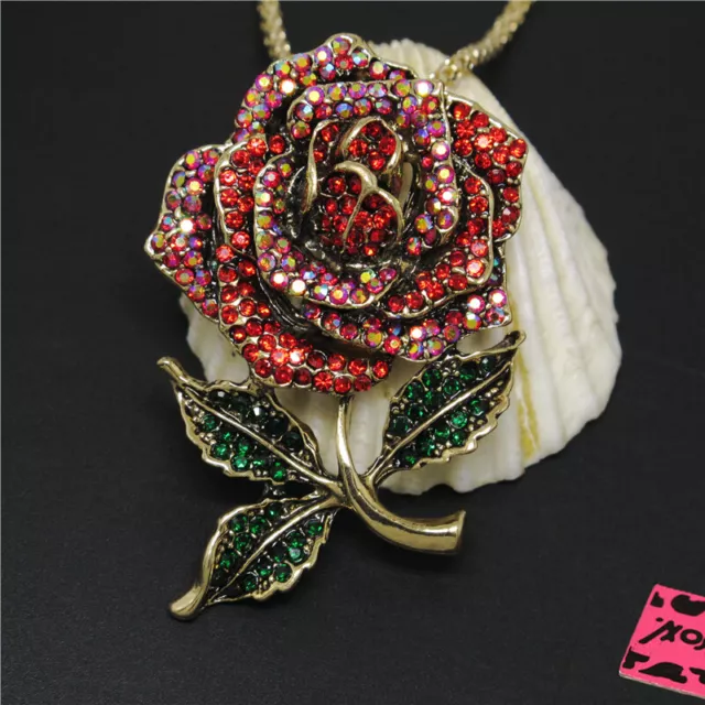 New Betsey Johnson Red Bling Lovely Rose Flower Crystal Pendant Necklace