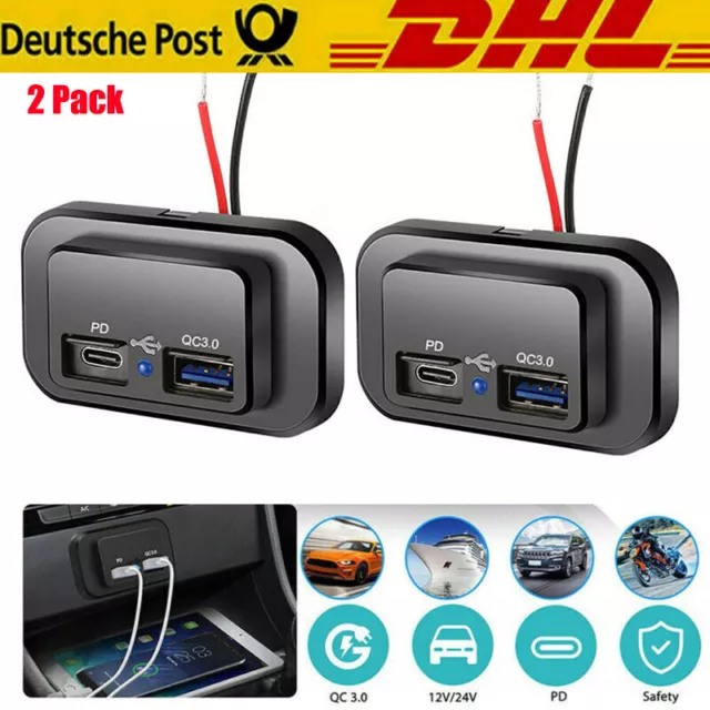 2Stk QC3.0 USB 5A+PD 1.5A Aufbaubuchse Buchse 12V-24 V Aoto Ladegerät Steckdose