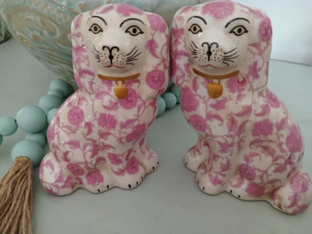 Staffordshire Reproduction Spaniel Pink Floral Dogs Pair Figurines-9''H