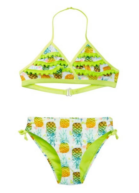 Jantzen Pineapple Print Bikini Big Girls 16 PomPom Trim Colorful Happy Fun NWT
