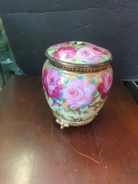 antique royal nippon hand painted Roses Gold Footed Biscuit Humidor Jar