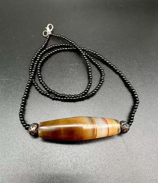 Antique Etched Carnelian Beads Necklace Mala Longevity Beads with silver beads