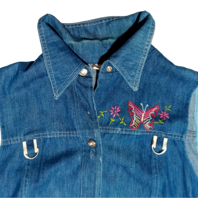 Womens Denim Vest Button Up Size 38 Sleeveless Blue Butterfly Flower Embroidery