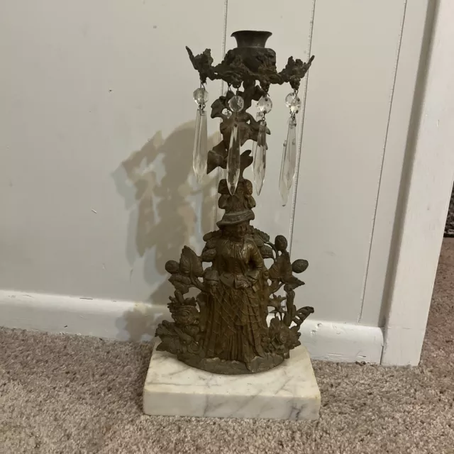antique victorian 1800's GIRANDOLE CANDLESTICK HOLDER gold gilt brass prisms
