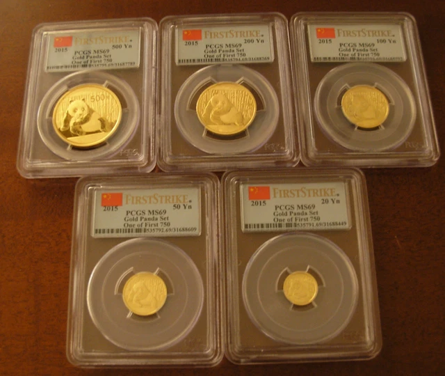 China 2015 Gold 5 Coin Full UNC Panda Set All Coins PCGS MS69 First Strike