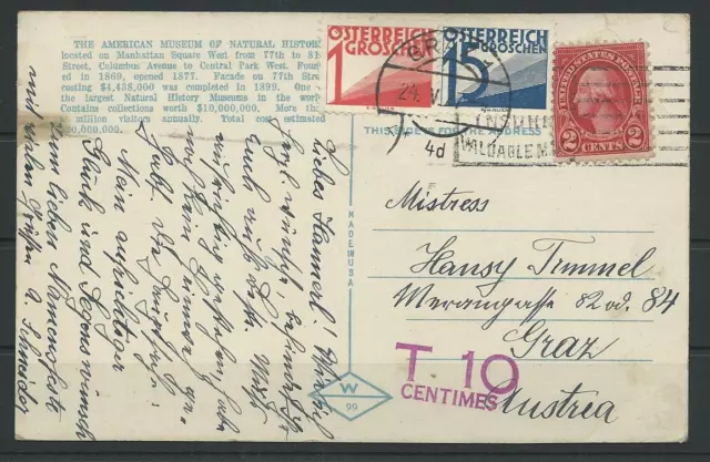 Österreich Porto P 132, P 142 Postkarte USA - Graz, 1927 #1059578