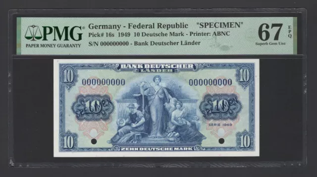 Germany-Federal Republic 10 Deutsche Mark 1949 P16s "Specimen" UNC Grade 67