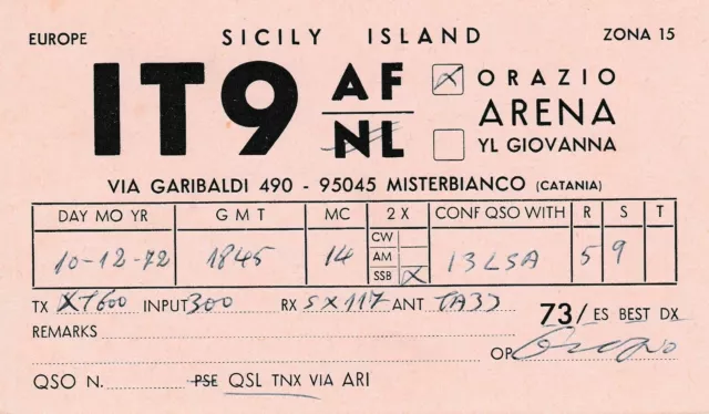 7443 Amateur Radio QSL Card  MISTERBIANCO CATANIA ITALY