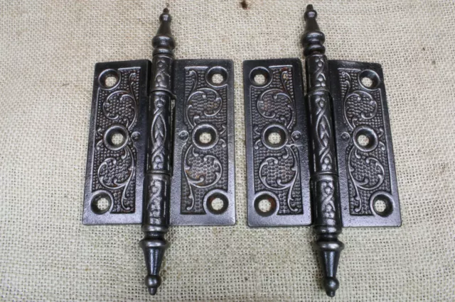 2 Old Door Hinges 3 1/2 X 3" Victorian Steeple Top Vintage Oiled Cast Iron Vines