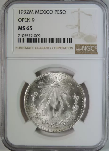 1932 M Open 9 Mexico Silver 1 One Peso Coin NGC Graded MS65 GEM Uncirculated
