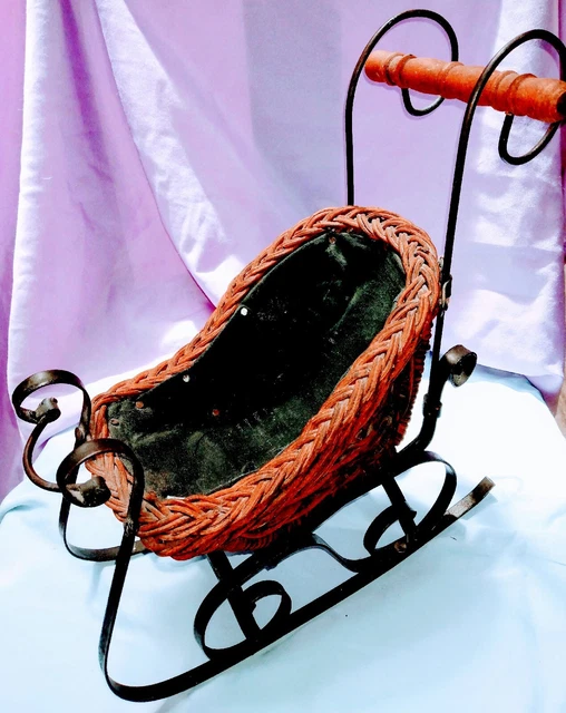Vintage Victorian  Doll Sleigh -Wicker/Rattan, Metal, Fabric