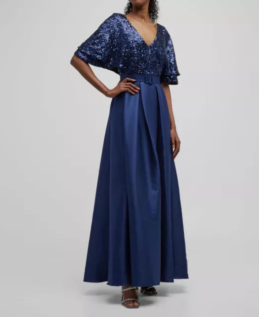 $1091 Badgley Mischka Women's Blue Sequin Belted Flutter Gown Dress Size 6