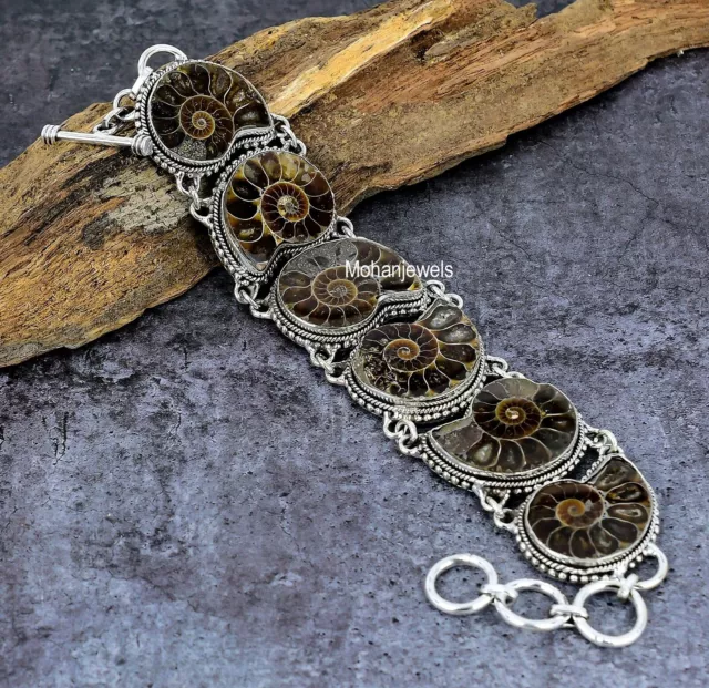 Natural Ammonite Fossil Shell Silver Handmade Ethnic Jewelry Bracelet