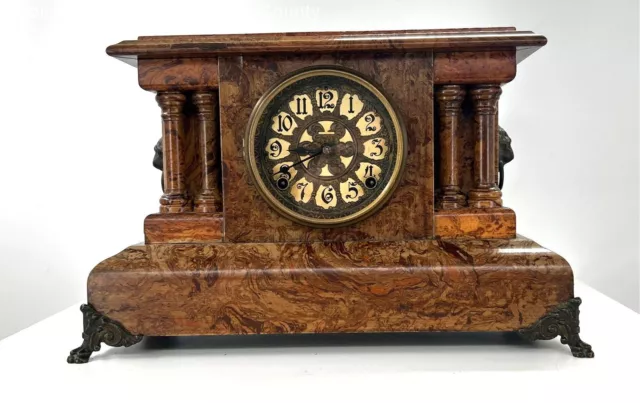 Victorian Antique Mantel Clock, Marble Grain Paint & Lions, Seth Thomas