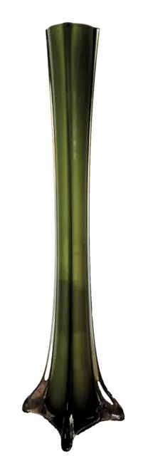 mid centuary olive green and white glass lined 16” tall Footed bud vase 2