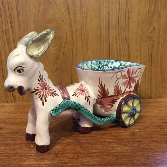 Vintage Retro Large Italian Pottery MCM Donkey Cart Planter Majolica