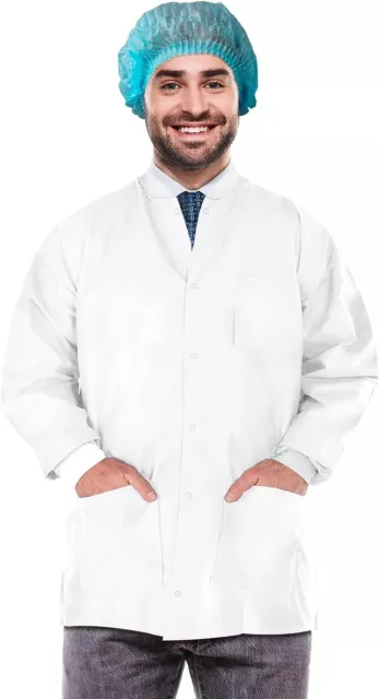 100 pcs White Disposable SMS Lab Coats Medium 30" Long 50 gsm /w Snaps Front