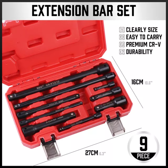 9-Piece Socket Extension Bar Set 1/4" 3/8" 1/2" Drive Extra Long Ratchet CRV New 2