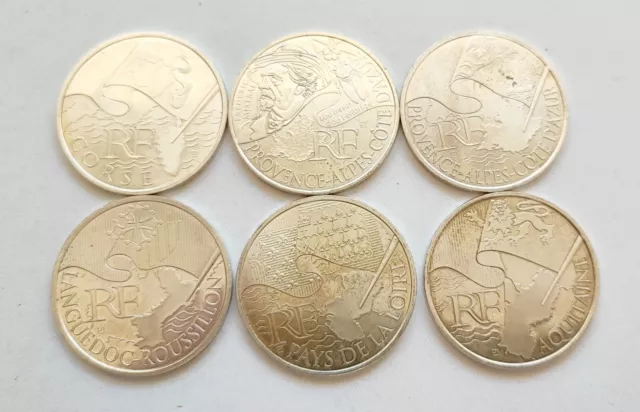 Lot De Six Pièces De 10€ En Argent Regions France