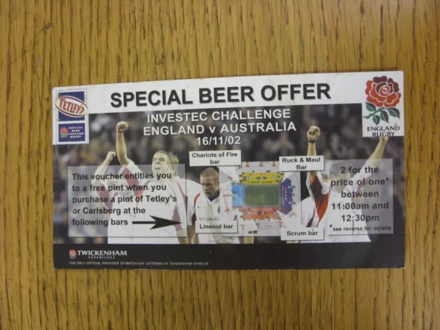 16/11/2002 Ticket: Rugby Union - England v Australia [At Twickenham] (A Voucher