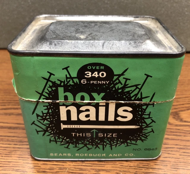 VINTAGE RARE GREEN SEARS 6 Penny Box Nails Heavy Cardboard Box w/Tin