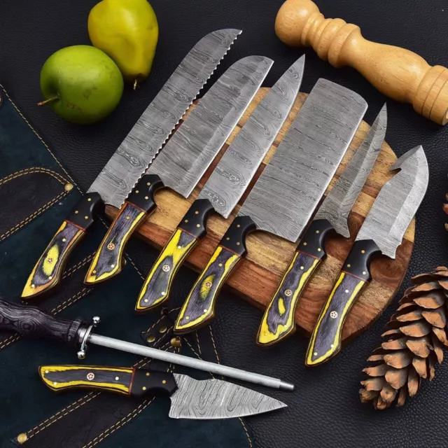 Professional Handmade_8 x Kitchen Chef Knife Set Damascus knives in LEATHER ROLL