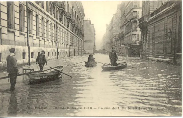 PARIS crue de la seine 15 inondations 1910 la rue de lille 25 janvier