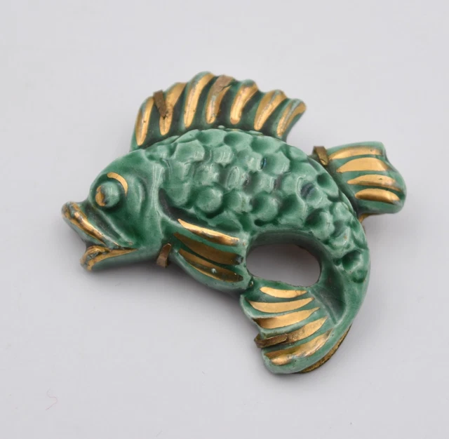 Broche Cigale En Céramique Vintage – Années 50, Laiton, Vert – Très Bon état