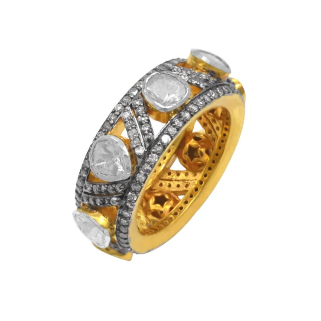 925 Sterling Silver Gold Plated Natural Diamond Polki Womens Wedding Band Ring