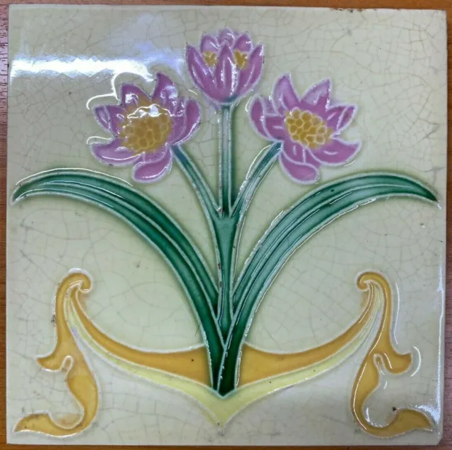 Antique Rare Vintage Majolica Tile Belgium 6x6 Inch Floral Collectible