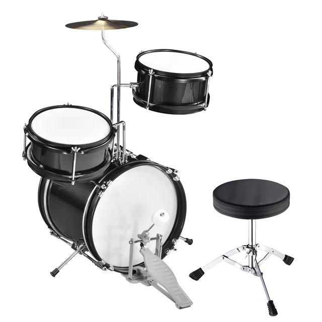 3 Pcs 12" Complete Kids/Junior Child Drum Set Cymbal Kit Stool & 4 Sticks Black 3 Pcs 12" Complete Kids/Junior Child Drum Set Cymbal Kit Stool & 4 Sticks Black