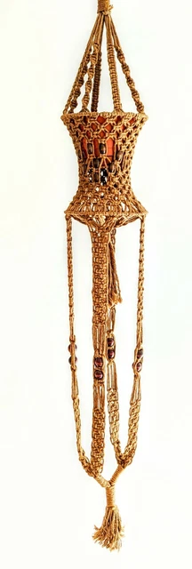 Vintage Mid-Century Macrame Jute 7 Foot Large Hanging Planter Tassels & Beads