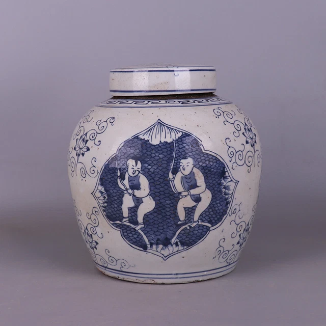 Republic Of China Porcelain Blue And White Baby Play Picture Tea Caddies 9.84''