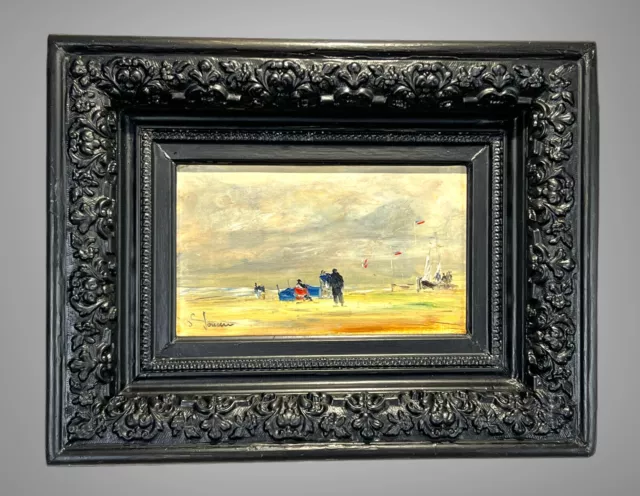 Tableau / Huile Sur Panneau Bois " La Plage A Deauville " Encadré Et Signé